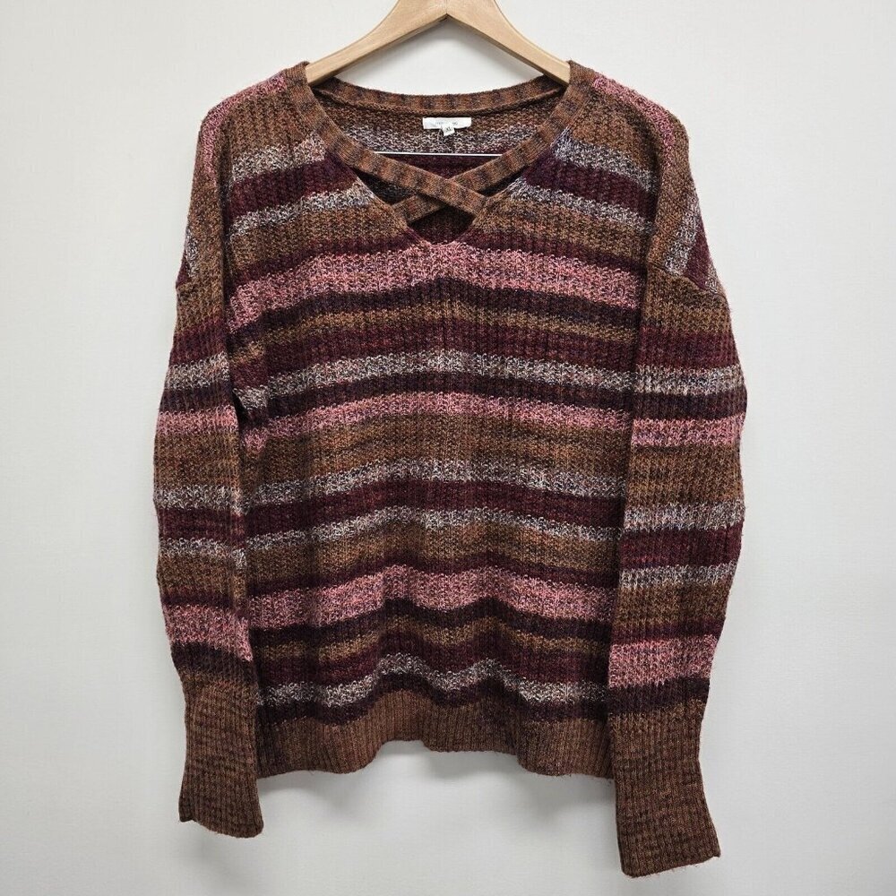 Maurices Women's Size XL Criss-Cross Pullover Sweater Loose Knit Brown Striped